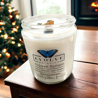 Classic 9oz Jam Jar Crystal Soy Candle - Silver Spruce (Moss Agate)