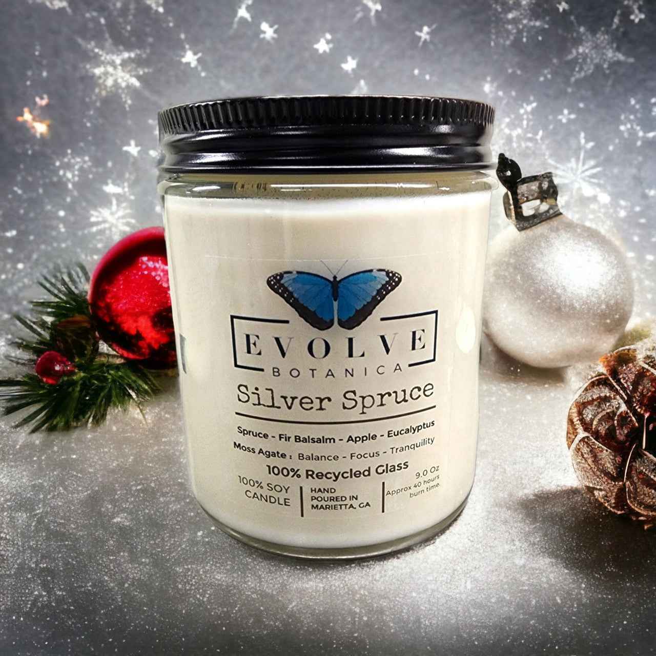Classic 9oz Jam Jar Crystal Soy Candle - Silver Spruce (Moss Agate)
