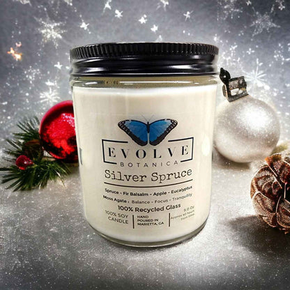 Classic 9oz Jam Jar Crystal Soy Candle - Silver Spruce (Moss Agate)