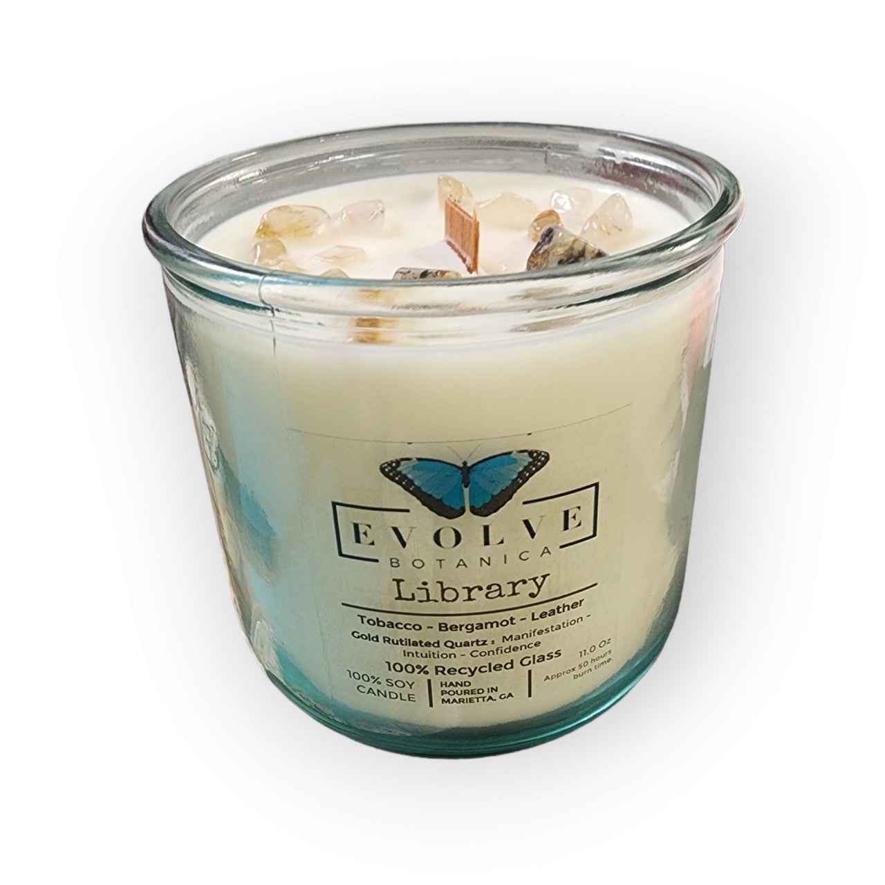 Rocks Candle - Library (Wood Wick Gold Rutilated Quartz Gemstone Soy Candle)
