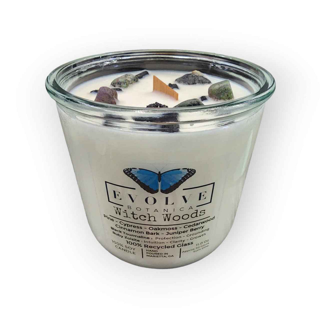 Rocks Candle - Witch Woods (Wood Wick Tourmaline &amp; Zoisite Gemstone Soy Candle)