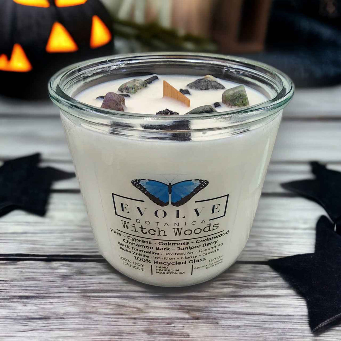 Rocks Candle - Witch Woods (Wood Wick Tourmaline &amp; Zoisite Gemstone Soy Candle)