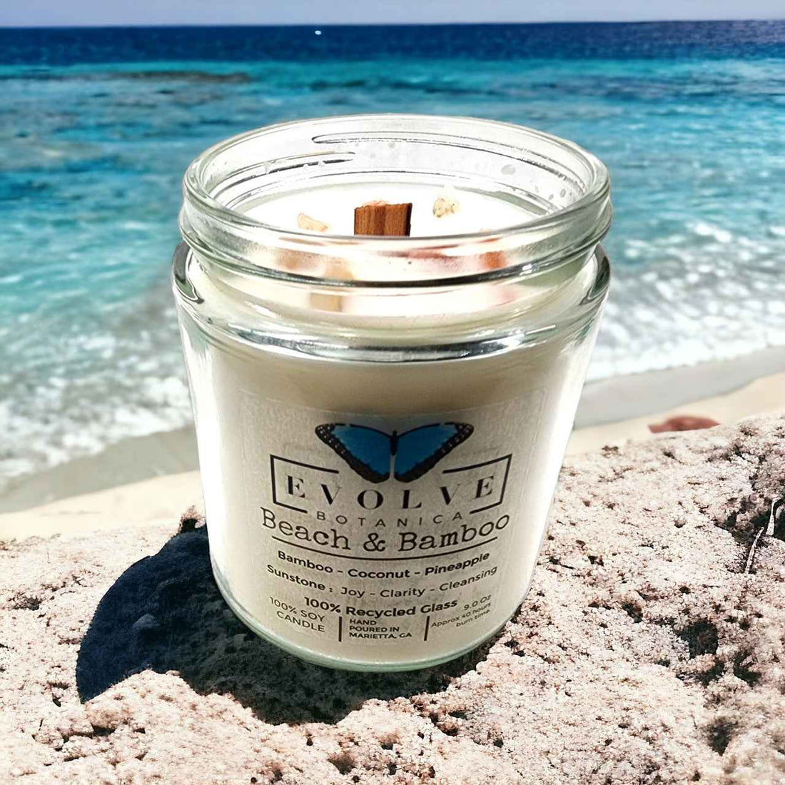 Classic 9oz Jam Jar Crystal Soy Candle - Beach &amp; Bamboo (Sunstone)