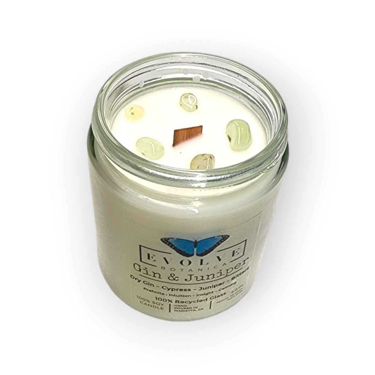 Classic 9oz Jam Jar Crystal Soy Candle - Gin &amp; Juniper (Prehnite)