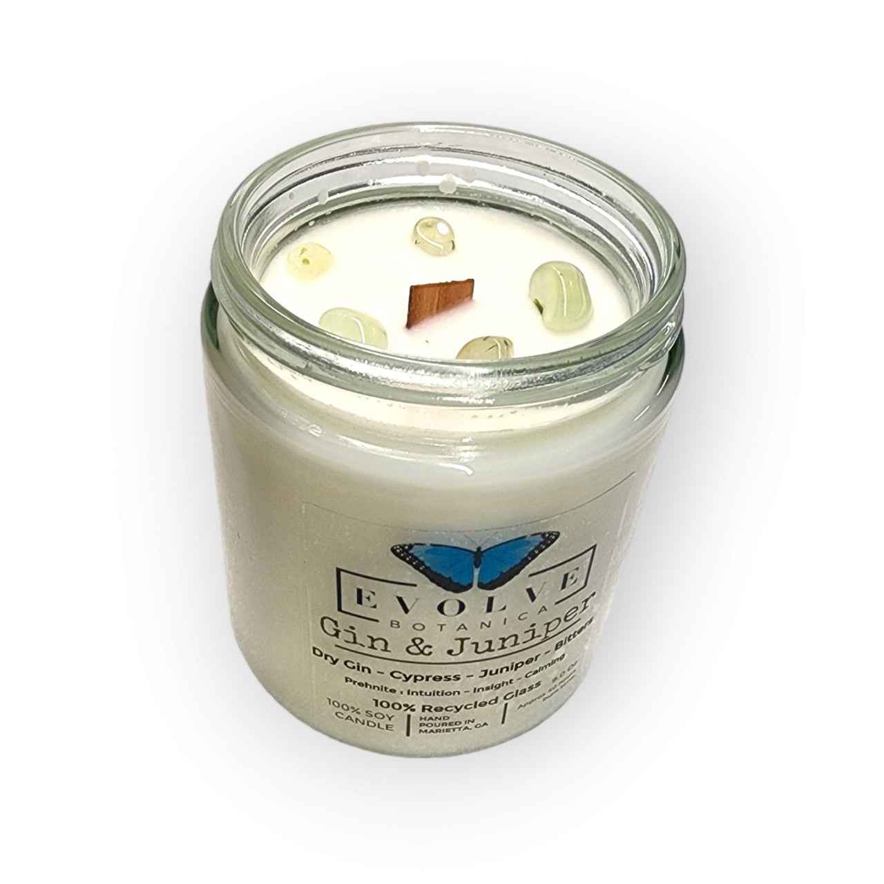 Classic 9oz Jam Jar Crystal Soy Candle - Gin &amp; Juniper (Prehnite)