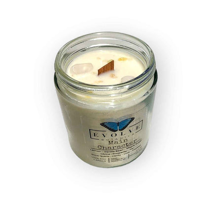 Classic 9oz Jam Jar Crystal Soy Candle - Main Character (Citrine &amp; Snow Quartz)