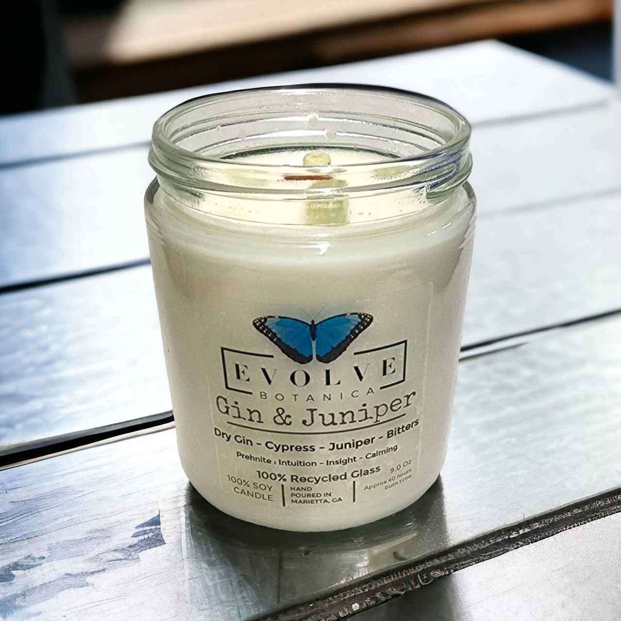 Classic 9oz Jam Jar Crystal Soy Candle - Gin &amp; Juniper (Prehnite)