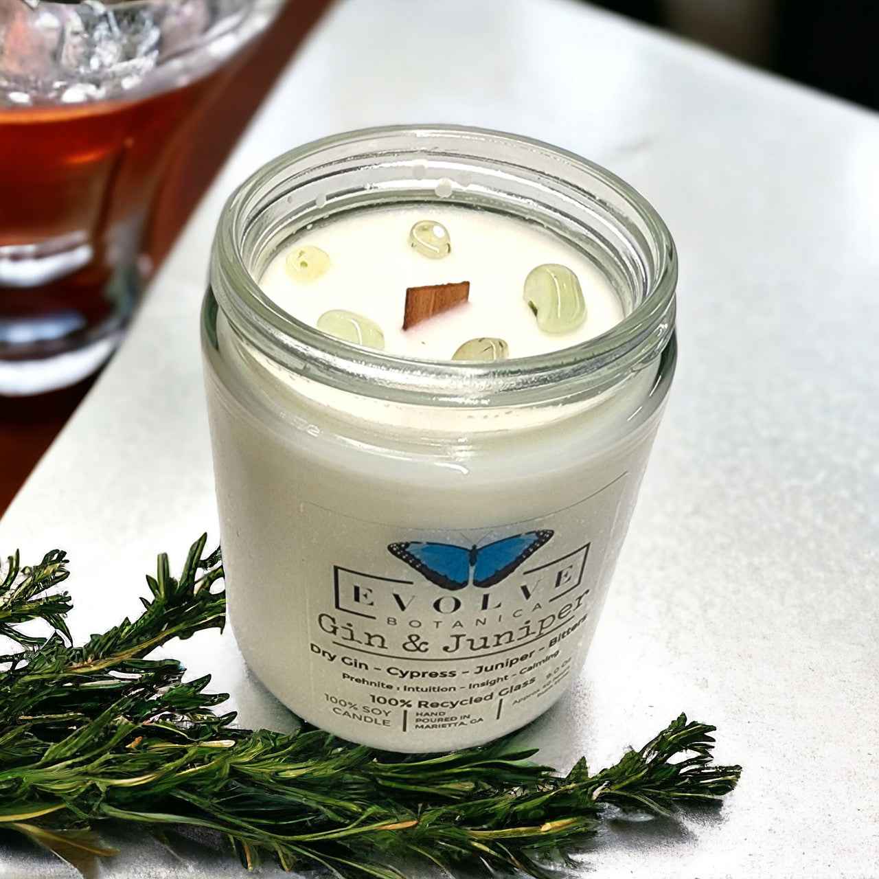 Classic 9oz Jam Jar Crystal Soy Candle - Gin &amp; Juniper (Prehnite)