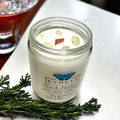 Classic 9oz Jam Jar Crystal Soy Candle - Gin &amp; Juniper (Prehnite)