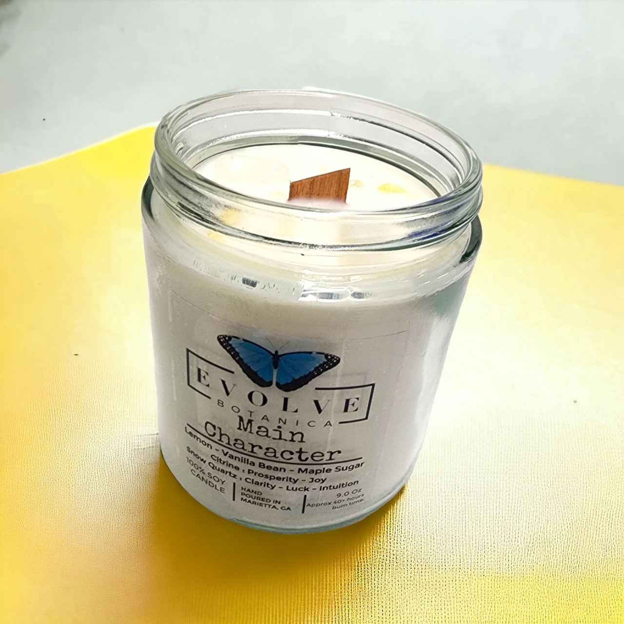 Classic 9oz Jam Jar Crystal Soy Candle - Main Character (Citrine &amp; Snow Quartz)