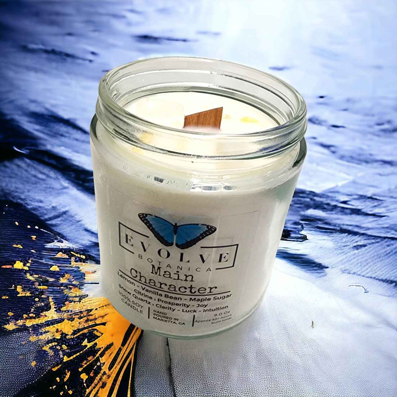 Classic 9oz Jam Jar Crystal Soy Candle - Main Character (Citrine &amp; Snow Quartz)