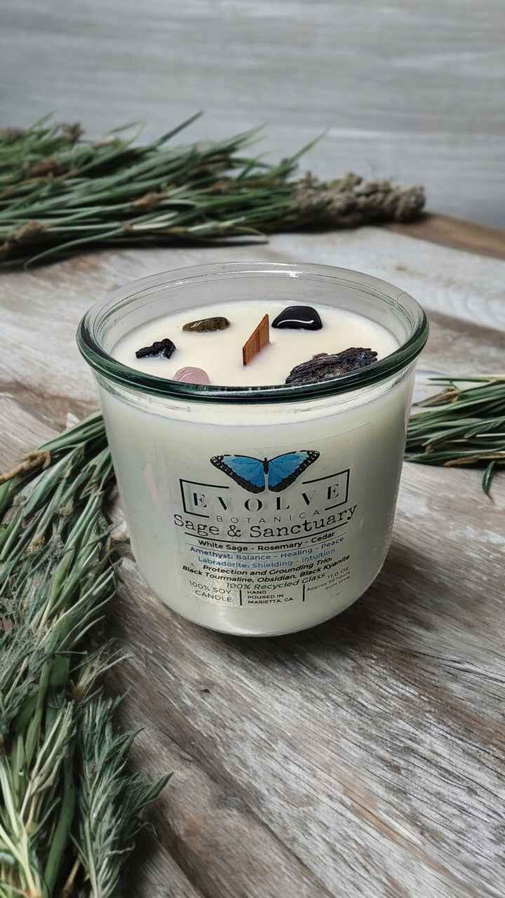 Rocks Candle - Sage &amp; Sanctuary (Black Kyanite, Black Tourmaline, Obsidian, Amethyst, Labradorite)