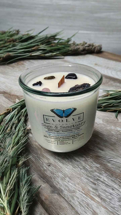 Rocks Candle - Sage &amp; Sanctuary (Black Kyanite, Black Tourmaline, Obsidian, Amethyst, Labradorite)