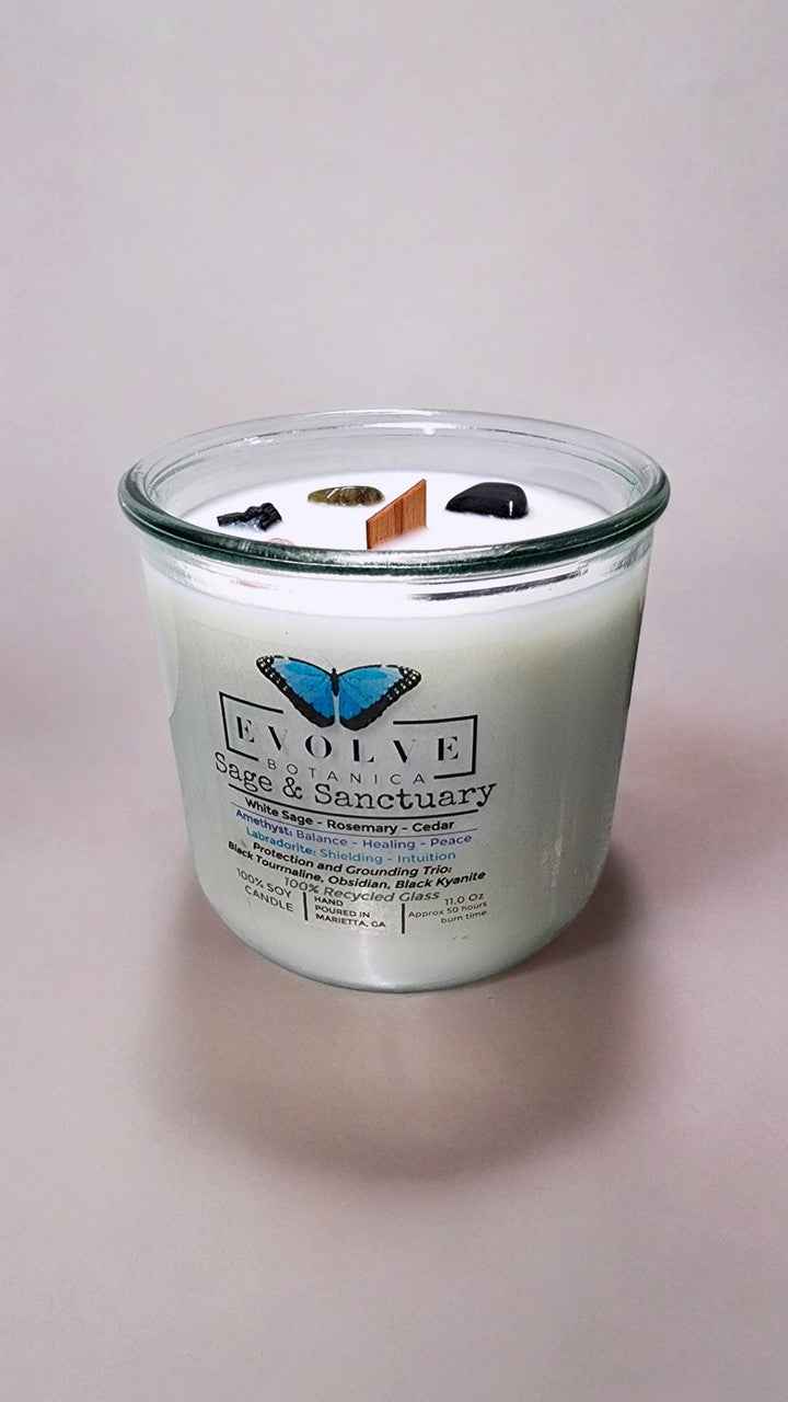 Rocks Candle - Sage &amp; Sanctuary (Black Kyanite, Black Tourmaline, Obsidian, Amethyst, Labradorite)