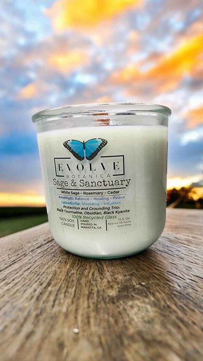 Rocks Candle - Sage &amp; Sanctuary (Black Kyanite, Black Tourmaline, Obsidian, Amethyst, Labradorite)