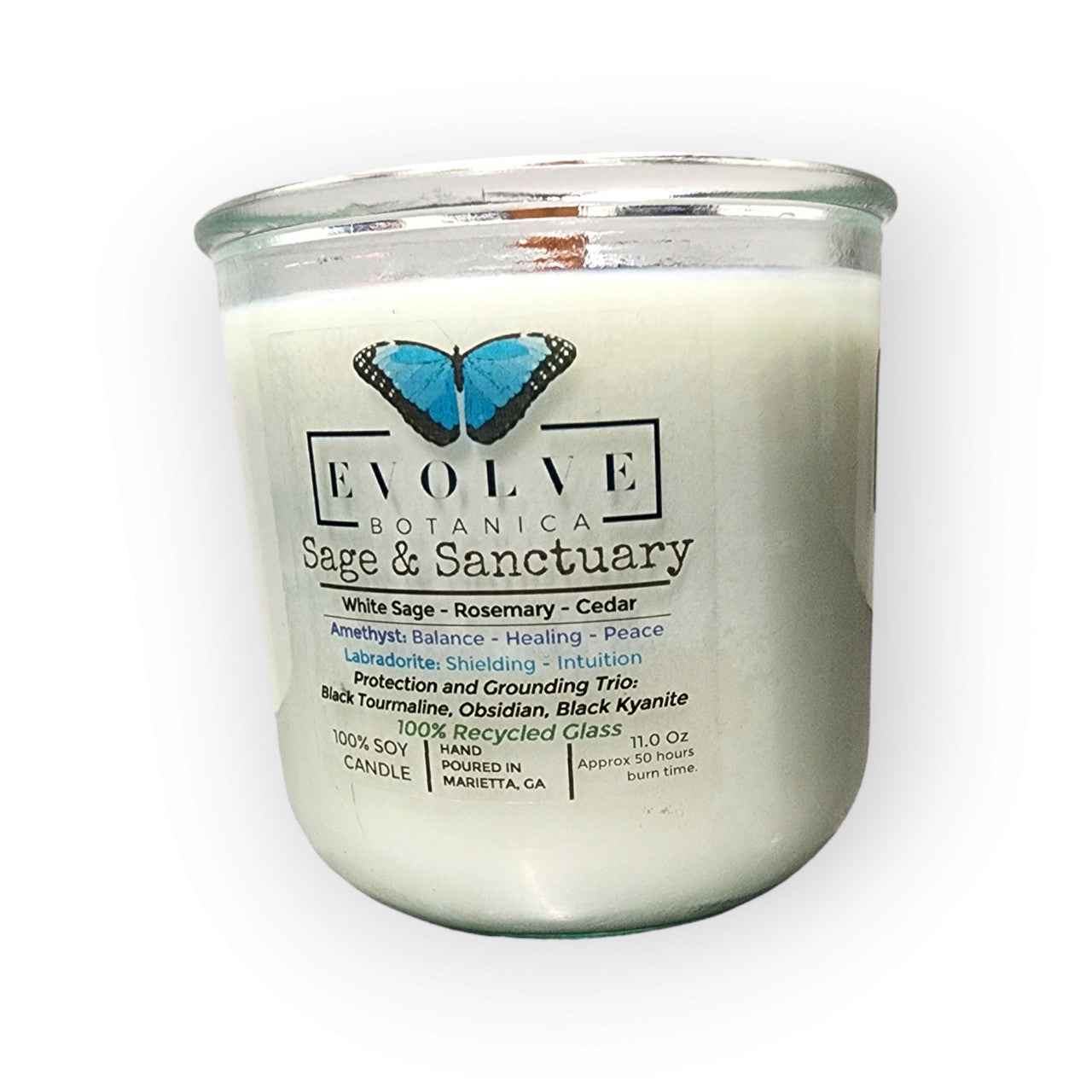 Rocks Candle - Sage &amp; Sanctuary (Black Kyanite, Black Tourmaline, Obsidian, Amethyst, Labradorite)