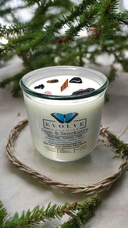 Rocks Candle - Sage &amp; Sanctuary (Black Kyanite, Black Tourmaline, Obsidian, Amethyst, Labradorite)