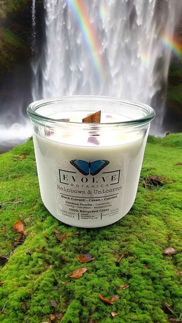 Rocks Candle - Rainbows &amp; Unicorns (Wood Wick Rainbow Fluorite Gemstone Soy Candle)