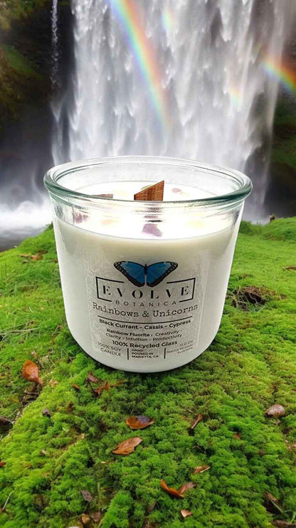 Rocks Candle - Rainbows &amp; Unicorns (Wood Wick Rainbow Fluorite Gemstone Soy Candle)