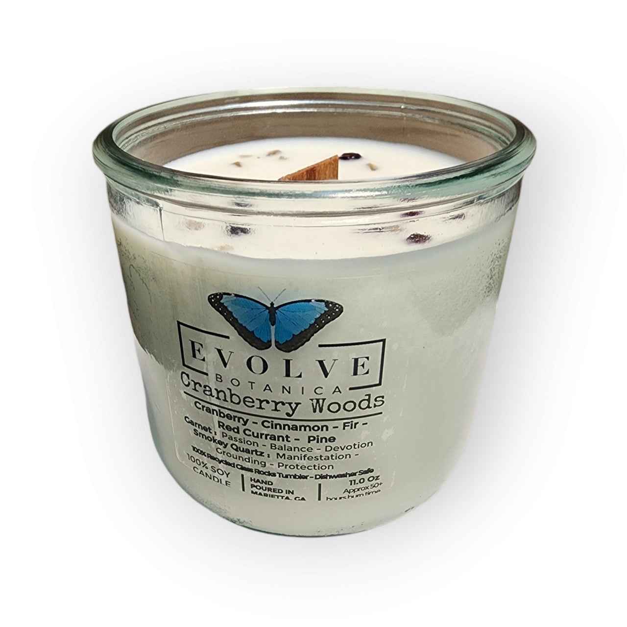 Rocks Candle - Cranberry Woods (Wood Wick Garnet &amp; Smokey Quartz Gemstone Soy Candle)