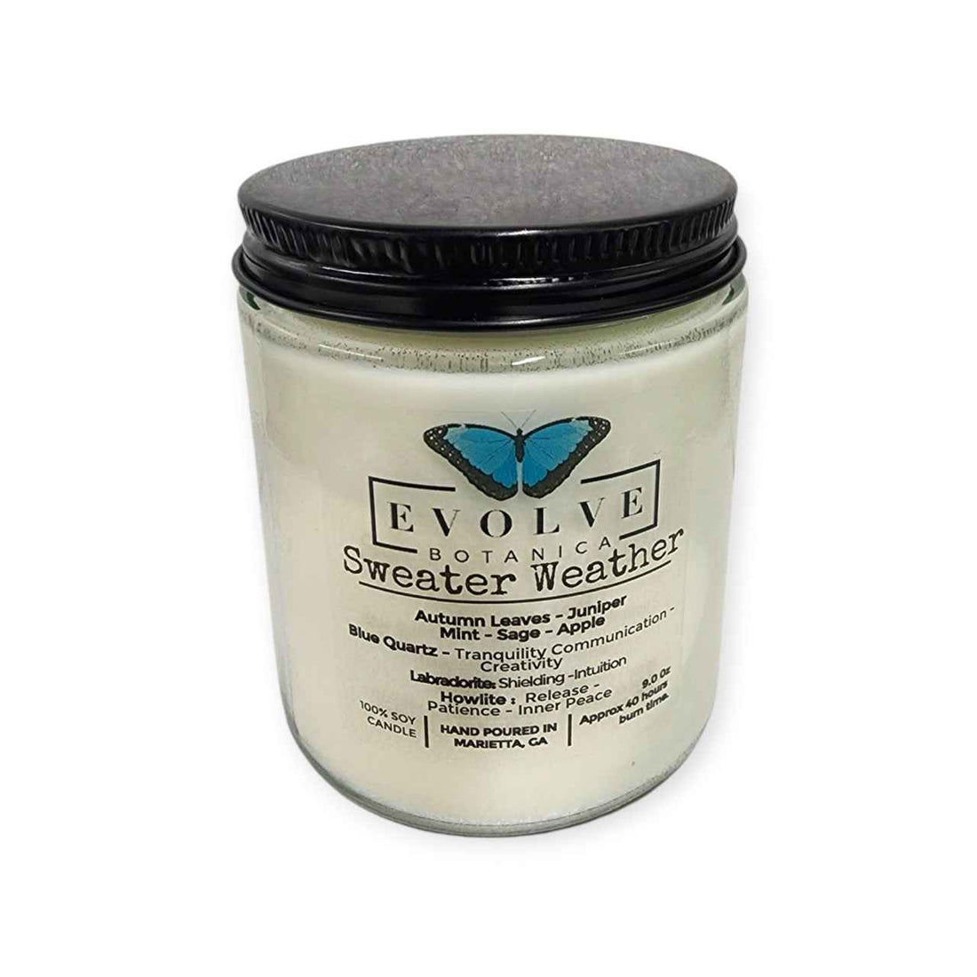 Classic 9oz Jam Jar Crystal Soy Candle - Sweater Weather (Howlite &amp; Labradorite)