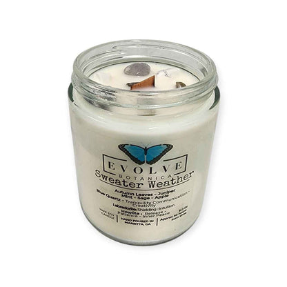 Classic 9oz Jam Jar Crystal Soy Candle - Sweater Weather (Howlite &amp; Labradorite)