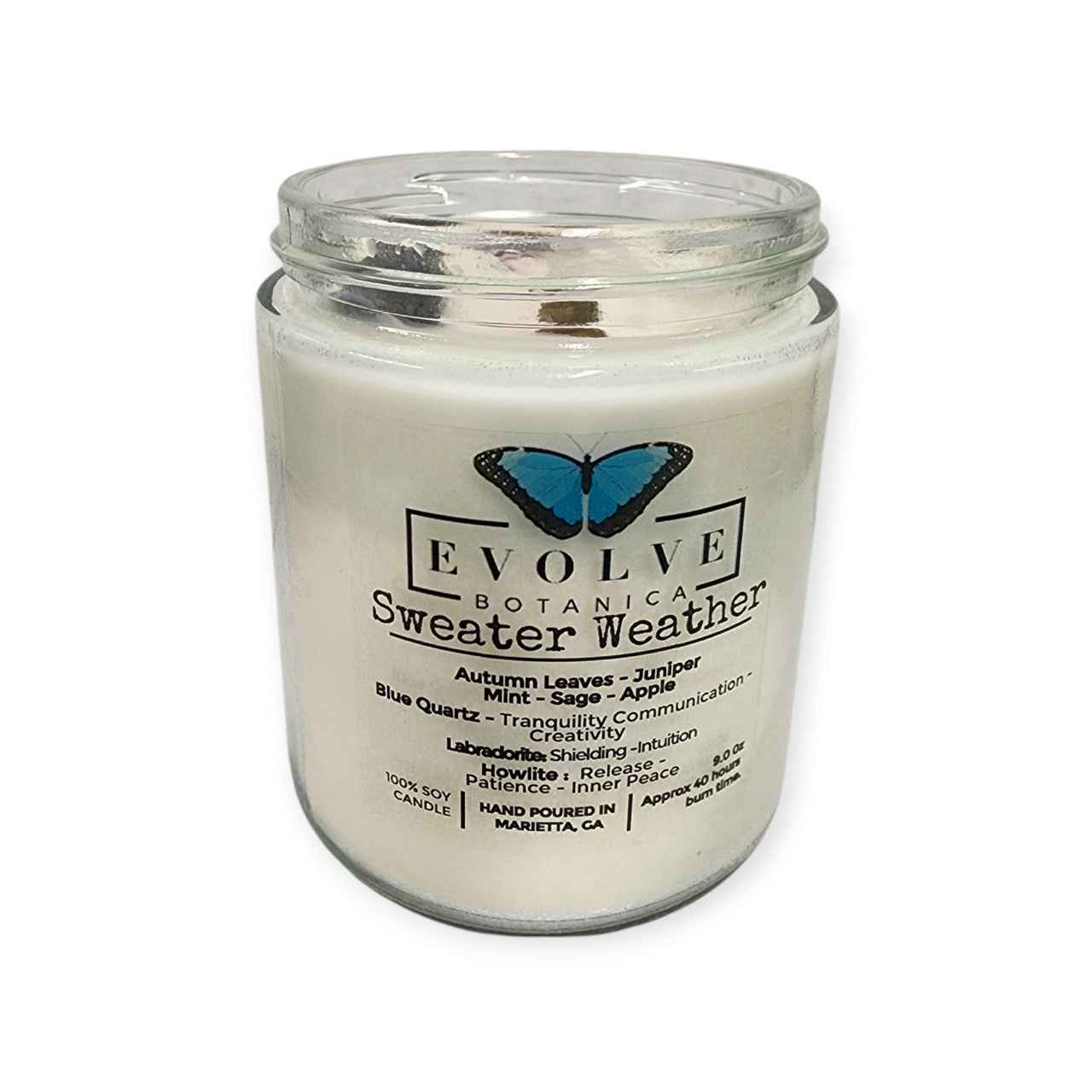 Classic 9oz Jam Jar Crystal Soy Candle - Sweater Weather (Howlite &amp; Labradorite)