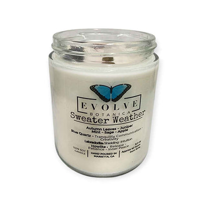 Classic 9oz Jam Jar Crystal Soy Candle - Sweater Weather (Howlite &amp; Labradorite)