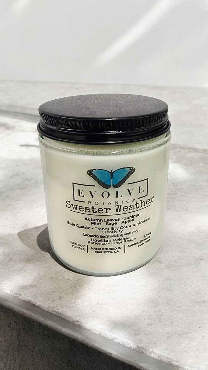 Classic 9oz Jam Jar Crystal Soy Candle - Sweater Weather (Howlite &amp; Labradorite)