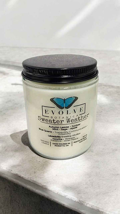 Classic 9oz Jam Jar Crystal Soy Candle - Sweater Weather (Howlite &amp; Labradorite)