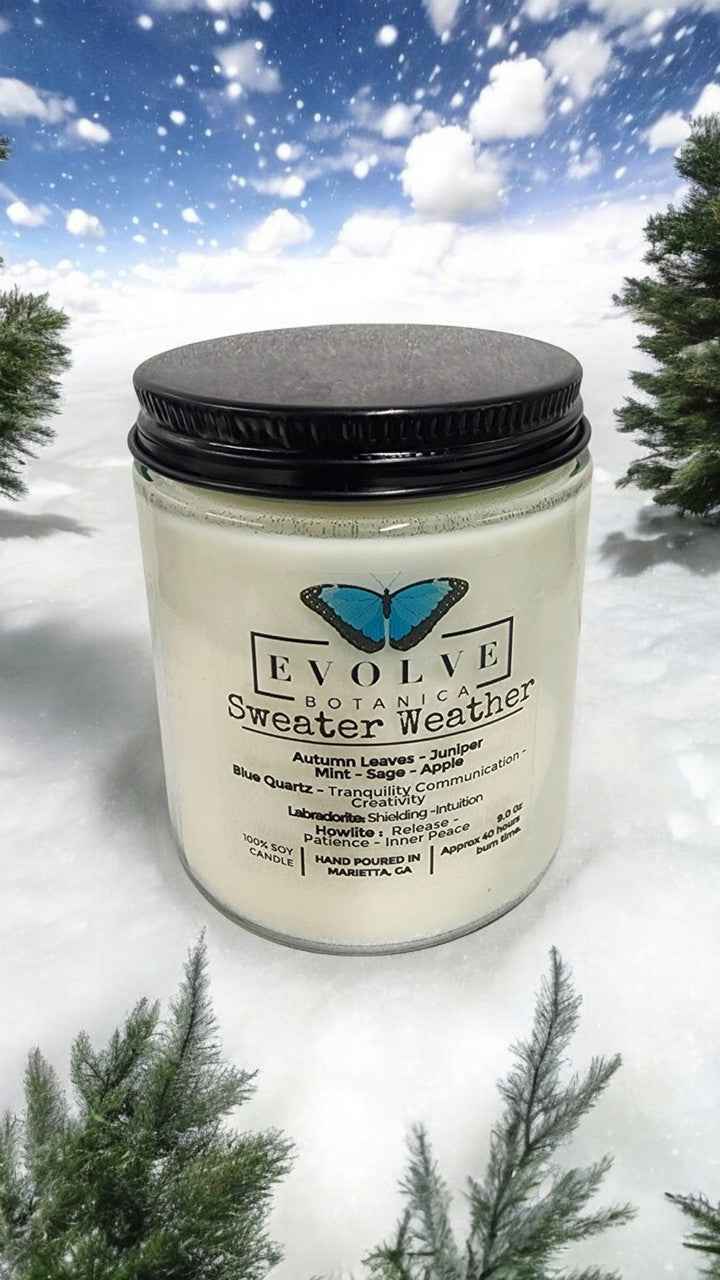 Classic 9oz Jam Jar Crystal Soy Candle - Sweater Weather (Howlite &amp; Labradorite)