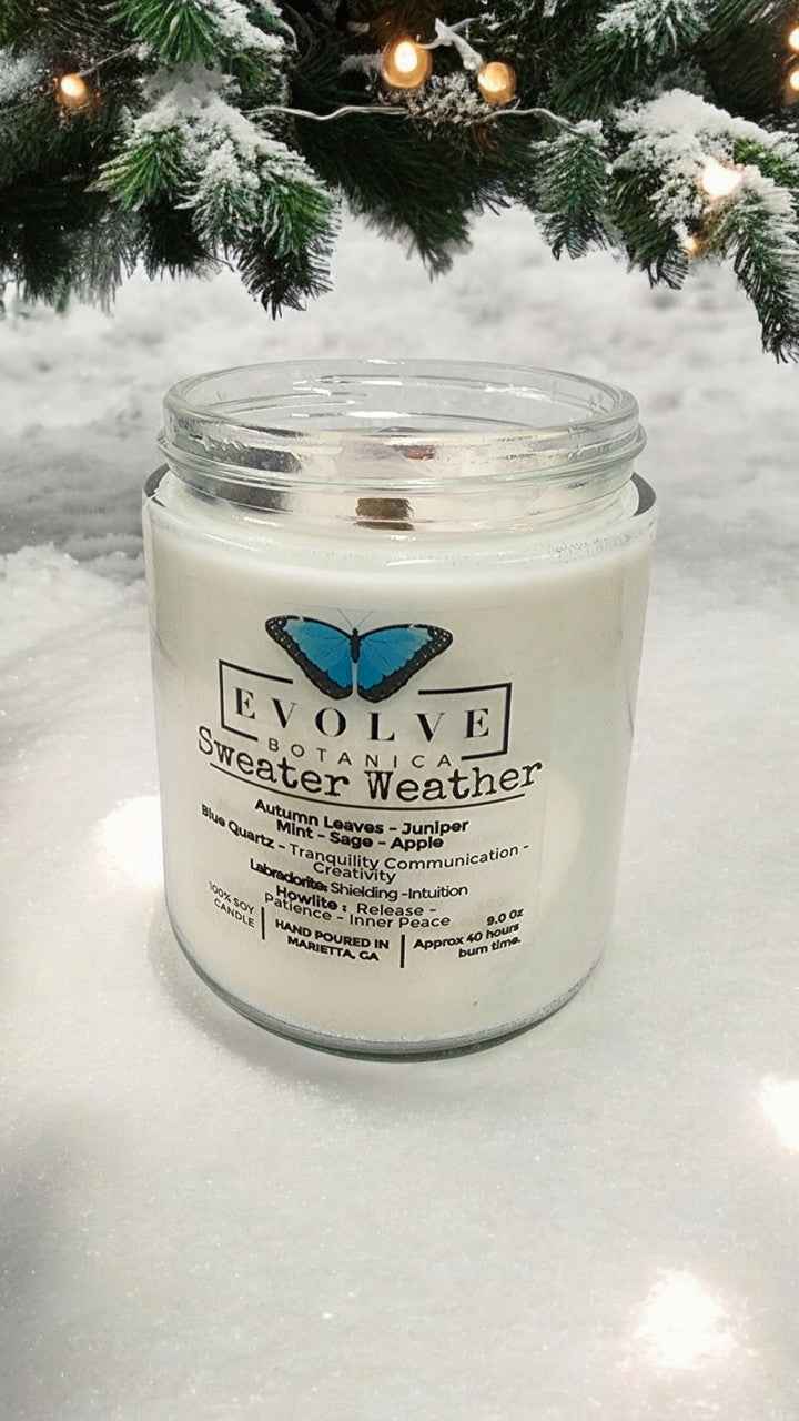 Classic 9oz Jam Jar Crystal Soy Candle - Sweater Weather (Howlite &amp; Labradorite)