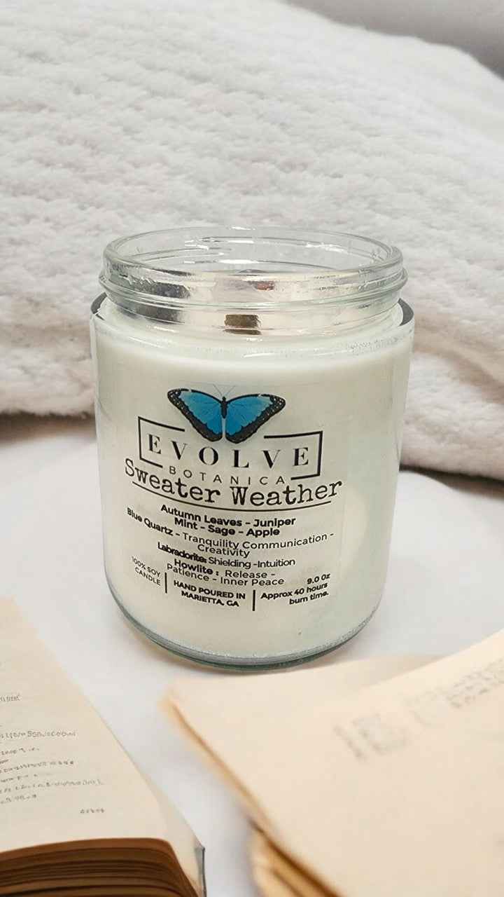 Classic 9oz Jam Jar Crystal Soy Candle - Sweater Weather (Howlite &amp; Labradorite)