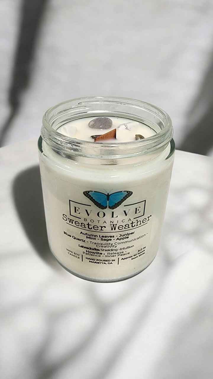 Classic 9oz Jam Jar Crystal Soy Candle - Sweater Weather (Howlite &amp; Labradorite)