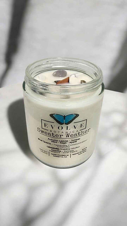 Classic 9oz Jam Jar Crystal Soy Candle - Sweater Weather (Howlite &amp; Labradorite)