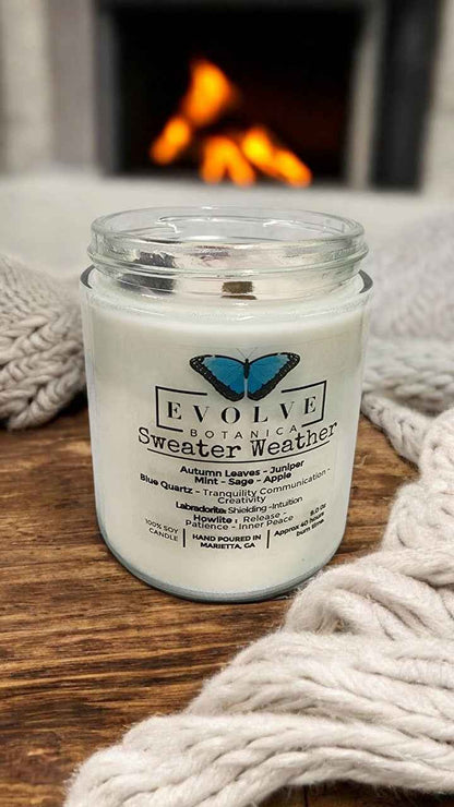 Classic 9oz Jam Jar Crystal Soy Candle - Sweater Weather (Howlite &amp; Labradorite)