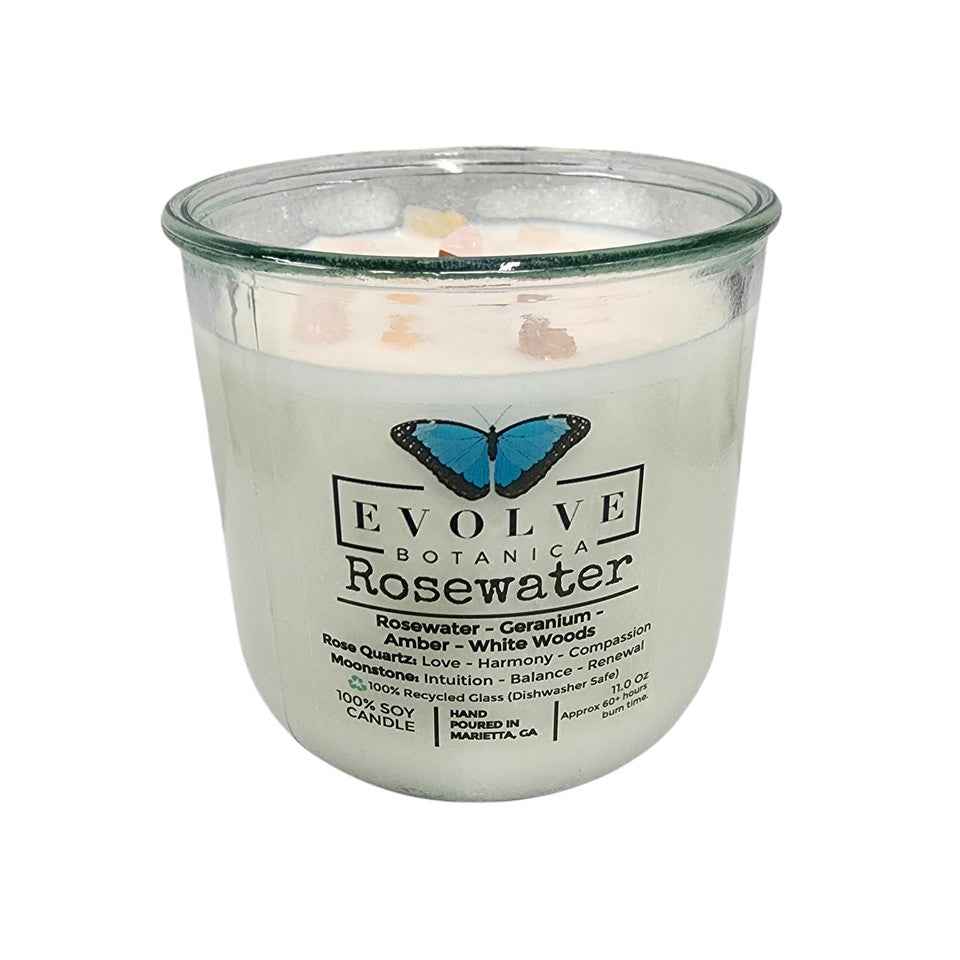 Rocks Candle - Rosewater (Wood Wick, Rose Quartz (Love, Harmony), Moonstone (Intuition, Growth), Soy Candle)