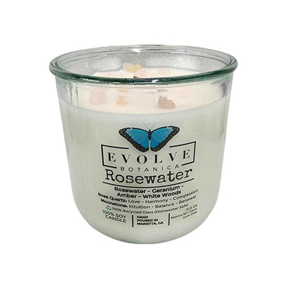 Rocks Candle - Rosewater (Wood Wick, Rose Quartz (Love, Harmony), Moonstone (Intuition, Growth), Soy Candle)