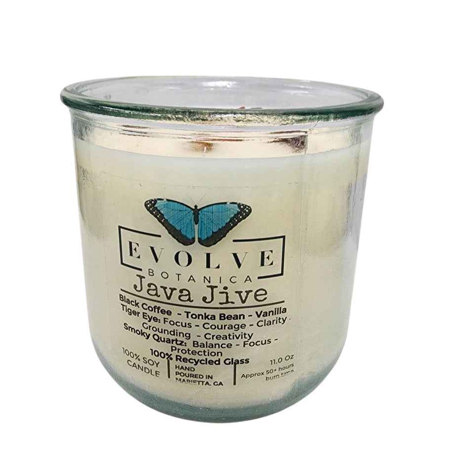 Rocks Candle - Java Jive (Wood Wick Tiger Eye &amp; Smoky Quartz Gemstone Soy Candle)