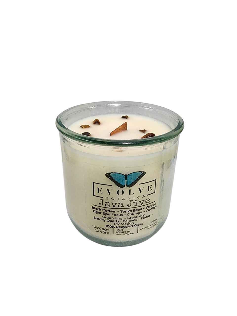 Rocks Candle - Java Jive (Wood Wick Tiger Eye &amp; Smoky Quartz Gemstone Soy Candle)