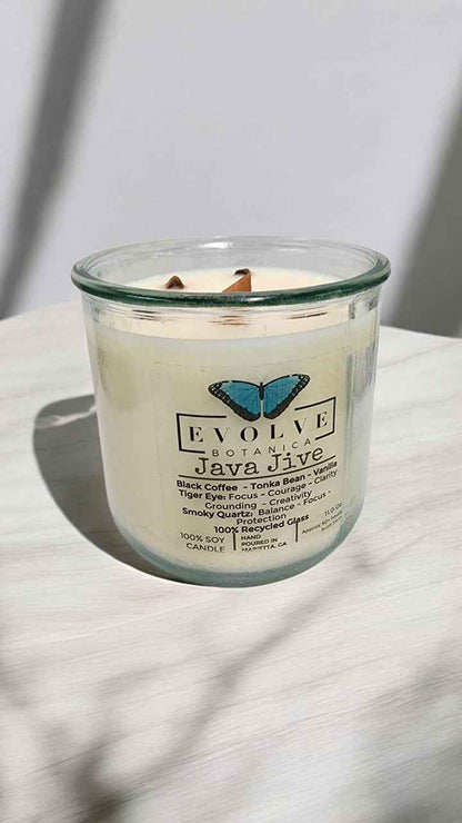 Rocks Candle - Java Jive (Wood Wick Tiger Eye &amp; Smoky Quartz Gemstone Soy Candle)