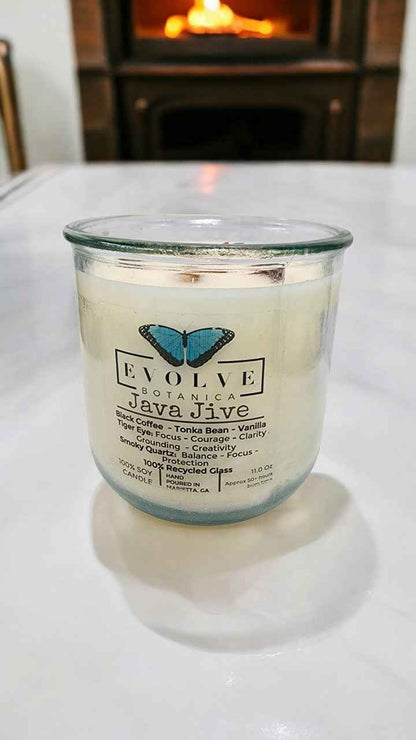 Rocks Candle - Java Jive (Wood Wick Tiger Eye &amp; Smoky Quartz Gemstone Soy Candle)
