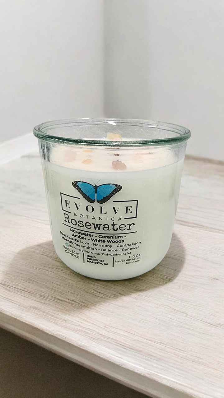 Rocks Candle - Rosewater (Wood Wick, Rose Quartz (Love, Harmony), Moonstone (Intuition, Growth), Soy Candle)