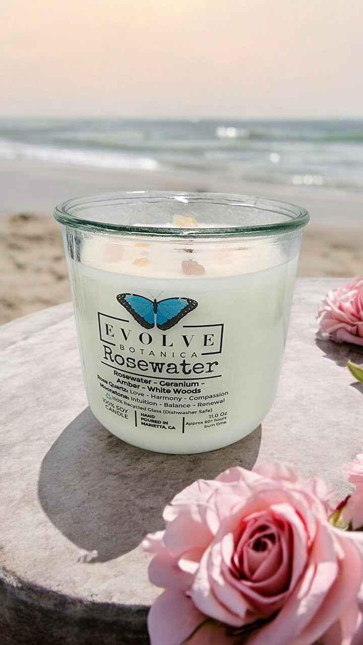 Rocks Candle - Rosewater (Wood Wick, Rose Quartz (Love, Harmony), Moonstone (Intuition, Growth), Soy Candle)