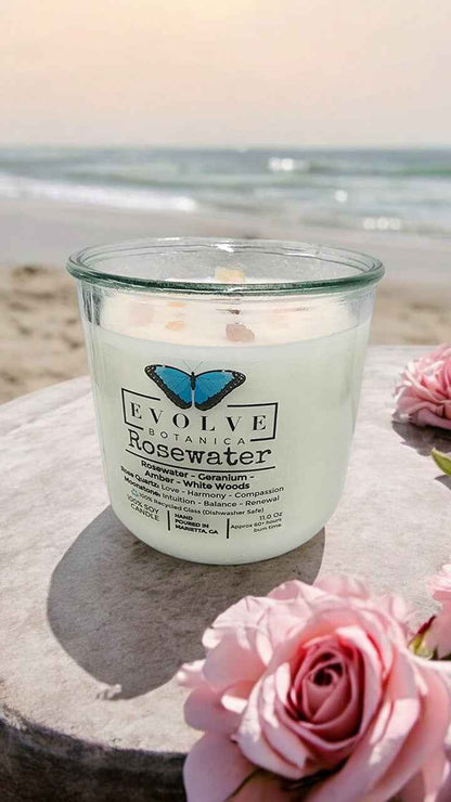 Rocks Candle - Rosewater (Wood Wick, Rose Quartz (Love, Harmony), Moonstone (Intuition, Growth), Soy Candle)