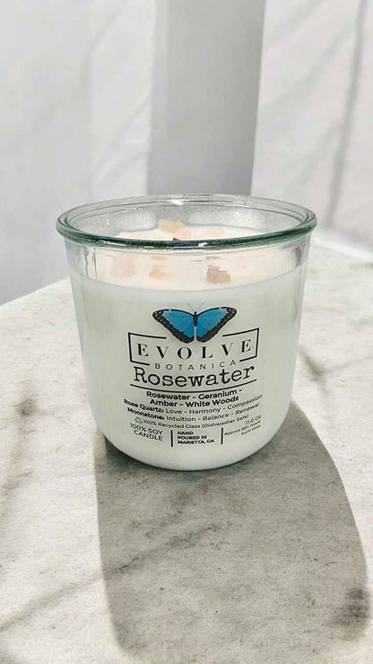 Rocks Candle - Rosewater (Wood Wick, Rose Quartz (Love, Harmony), Moonstone (Intuition, Growth), Soy Candle)