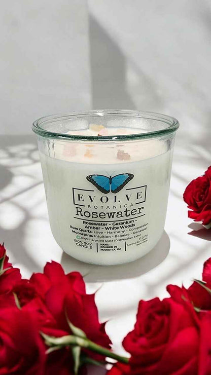 Rocks Candle - Rosewater (Wood Wick, Rose Quartz (Love, Harmony), Moonstone (Intuition, Growth), Soy Candle)