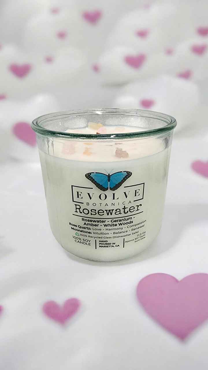 Rocks Candle - Rosewater (Wood Wick, Rose Quartz (Love, Harmony), Moonstone (Intuition, Growth), Soy Candle)
