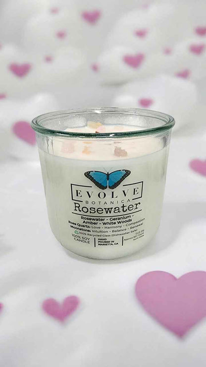 Rocks Candle - Rosewater (Wood Wick, Rose Quartz (Love, Harmony), Moonstone (Intuition, Growth), Soy Candle)