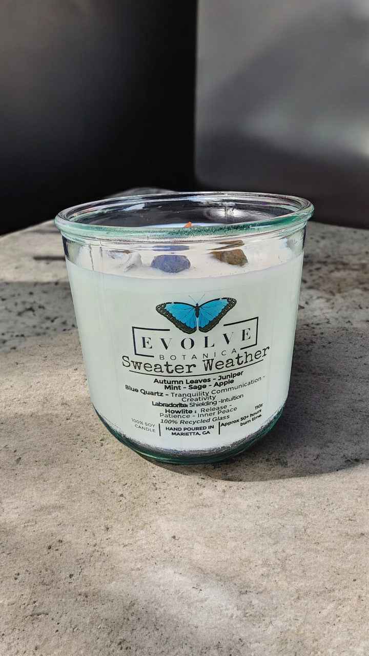 Rocks Candle - Sweater Weather (Wood Wick, Howlite (Patience, Peace), Labradorite (Shielding, Intuition), Sodalite (Nurturing, Awareness), Soy Candle)